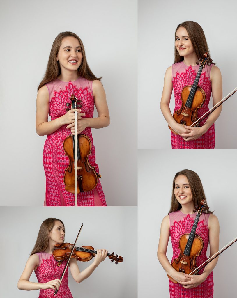 Portraits of violinist in a pink dress