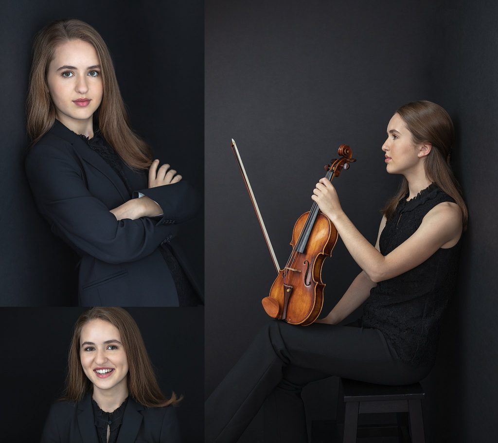 Low key studio portraits and headshots of high school violinist