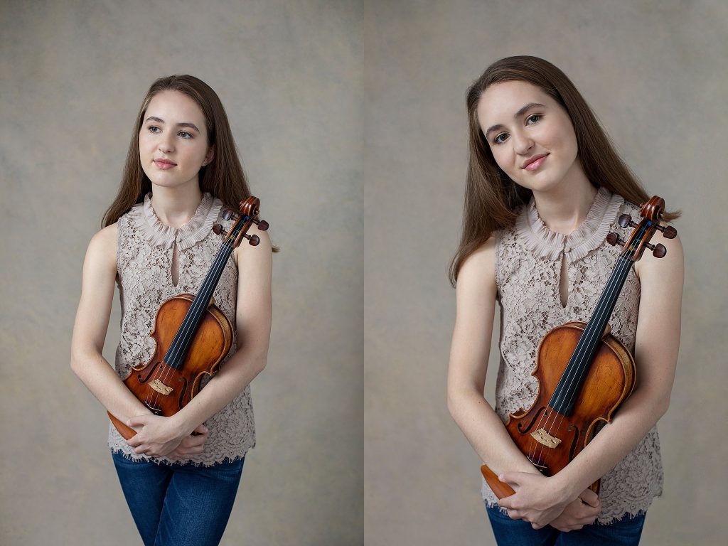 Casual senior studio portraits with violin - neutral background