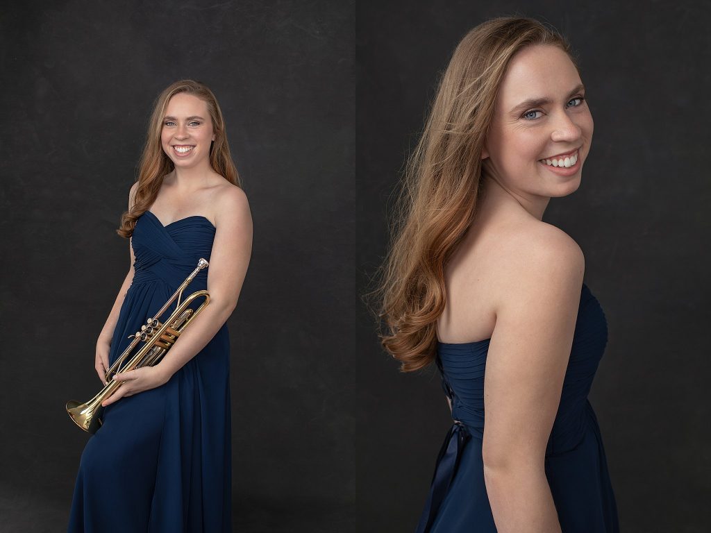 Kenzie in blue dress with trumpet
