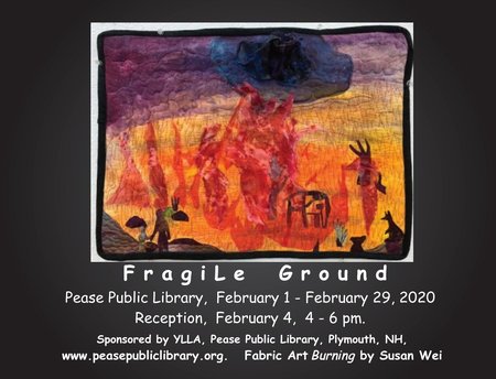 Postcard promotion for "Fragile Ground" exhibit at Pease Public Library in Plymouth, NH.