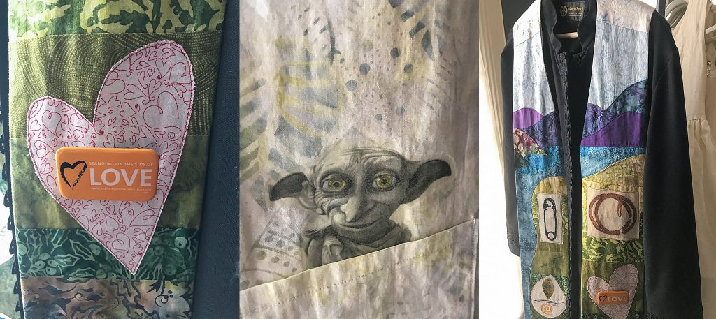 Stole made by Judi Hall.  Inside, the character "Dobby," the house elf from the Harry Potter series, peeks from a pocket to help Rev. Linda to be brave.