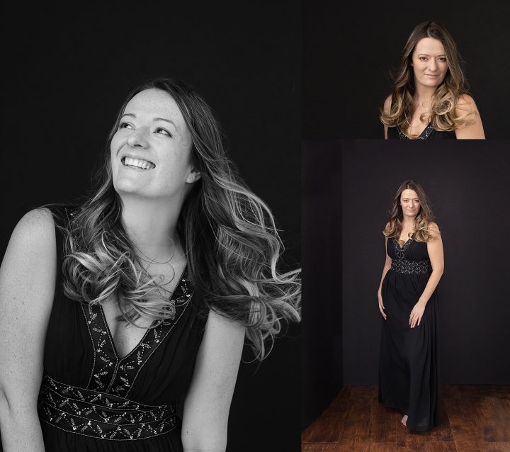 Collage of portraits of Nichole wearing a vintage beaded gown from Divine Inspirations in Meredith, NH.