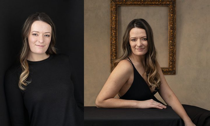 Portraits of Nichole.  Wearing black with black background, Wearing black gown with vintage frame behind her.