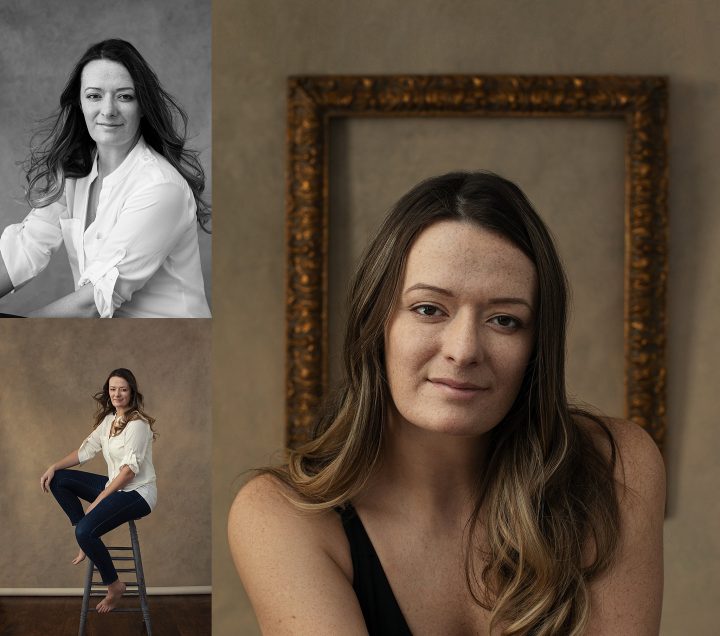 Collage of portraits of Nichole:  black and white, seated on tall stool, closer composition with vintage frame behind her.