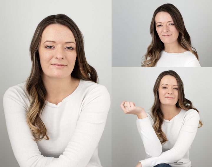 Headshots and portraits of Nichole wearing white