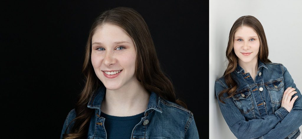 collage of Sophie Pankhurst headshots. Black background in jean jacket.  Leaning against white wall in jean jacket.