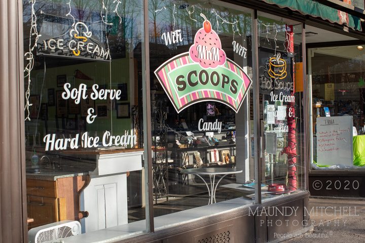 Closed ice cream shop and book store on a Saturday afternoon