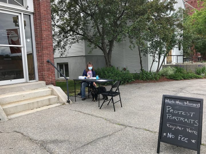 Sidewalk registration outside Maundy Mitchell's studio in Plymouth, New Hampshire