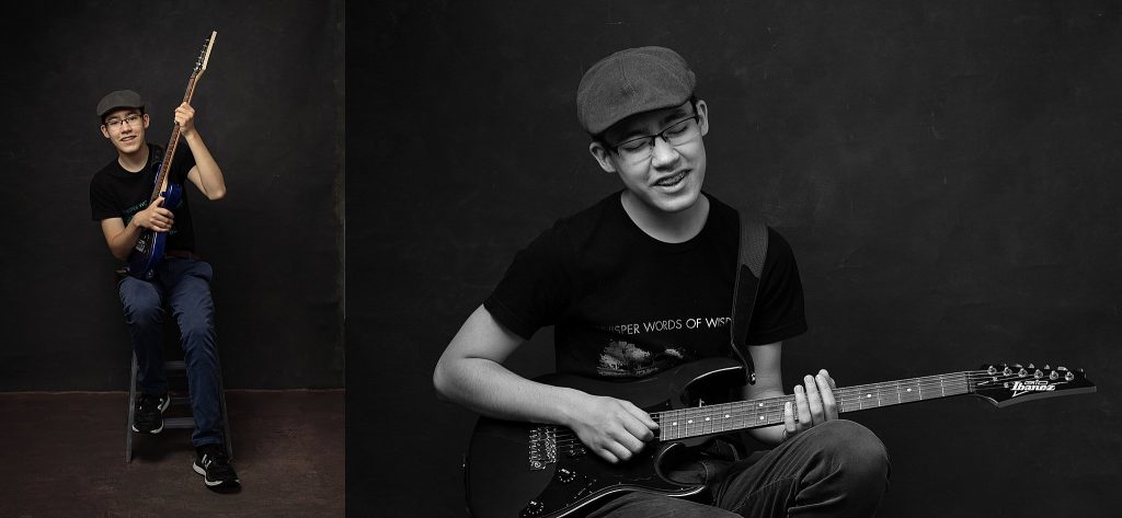 Photos of teenage boy, seated,  with electric guitar