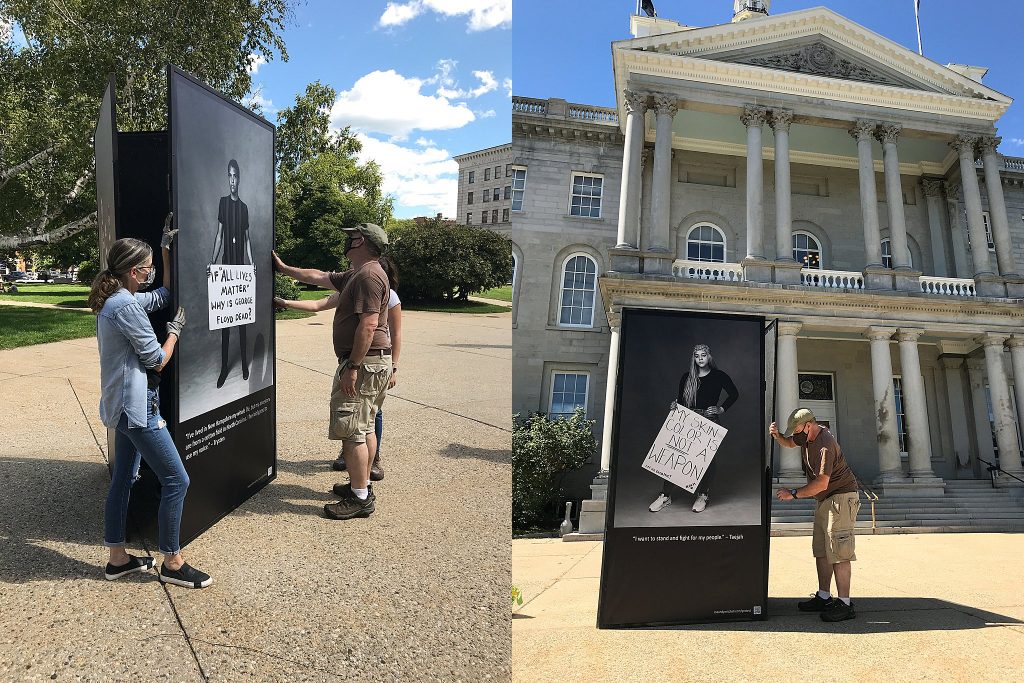 Installing the Protest Portraits exhibit in front of the New Hampshire State House steps