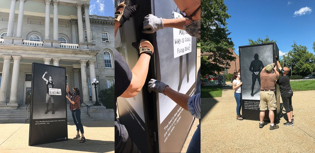 Installing the Protest Portraits exhibit in front of the NH State House in Concord, NH