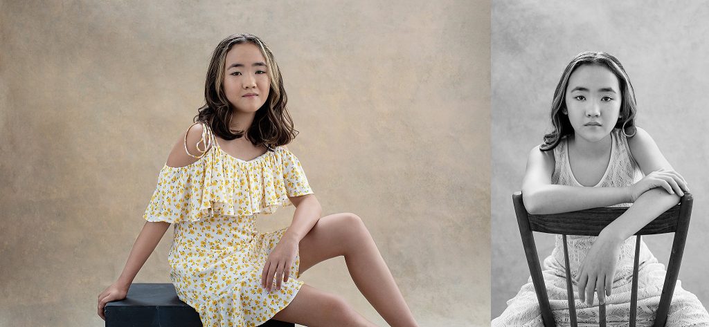 Portrait of a tween girl in floral dress and black and white portrait of a tween girl