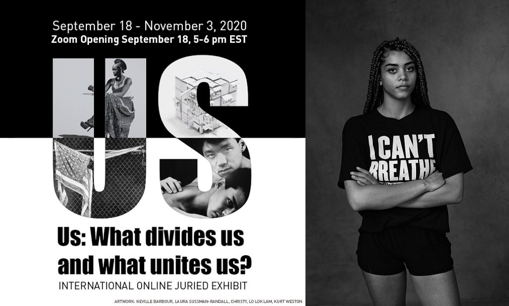 Invitation card and portrait by photographer Maundy Mitchell for exhibit called "Us: What divides us and what unites us?" at the Touchstone Gallery, Washington, DC