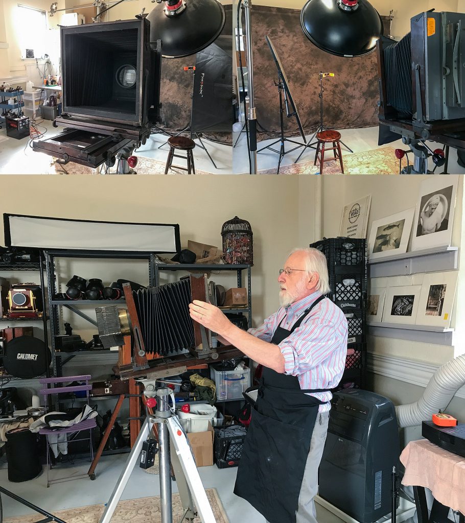 Gary Samson's 8x10 antique camera, portrait setup, and preparing to photograph a subject