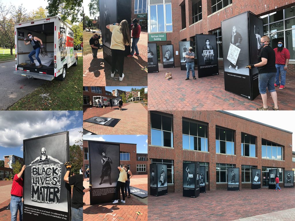 Installing the Protest Portraits Exhibit at the Hartman Union Building at Plymouth State University