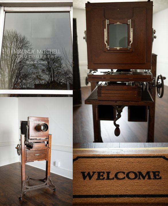 Maundy Mitchell Photography studio door, welcome mat, and antique tintype camera