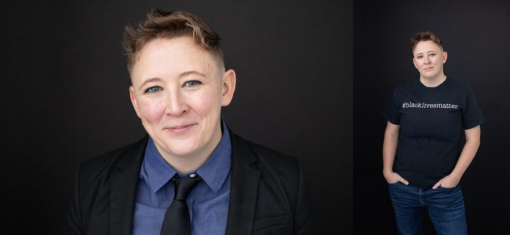 Headshot and Personal Branding Image - Jini in Shirt and Tie / Jini Wearing a Black Lives Matter T-shirt and Jeans