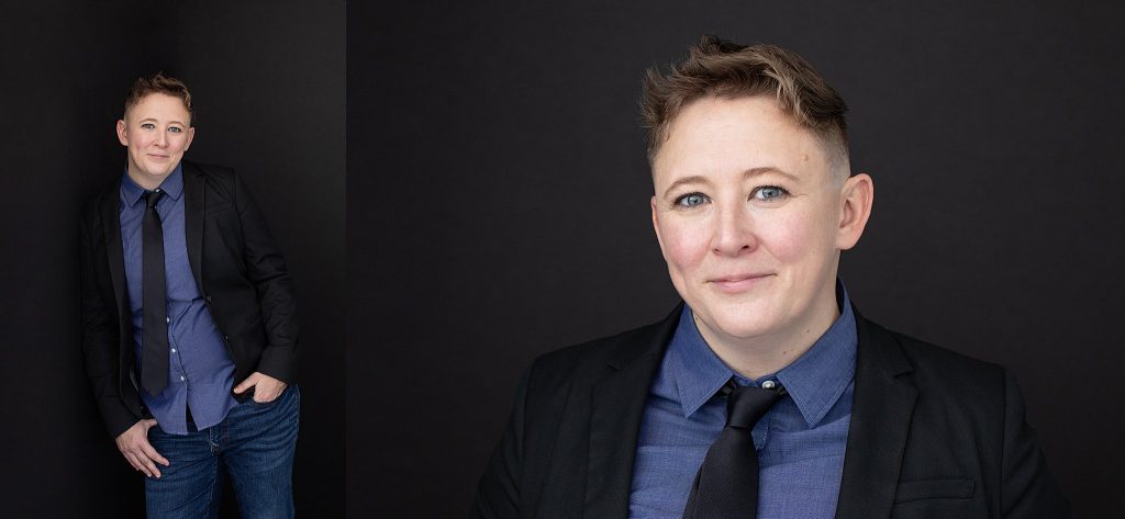 Headshot and personal branding images of Jini wearing shirt and tie on dark background