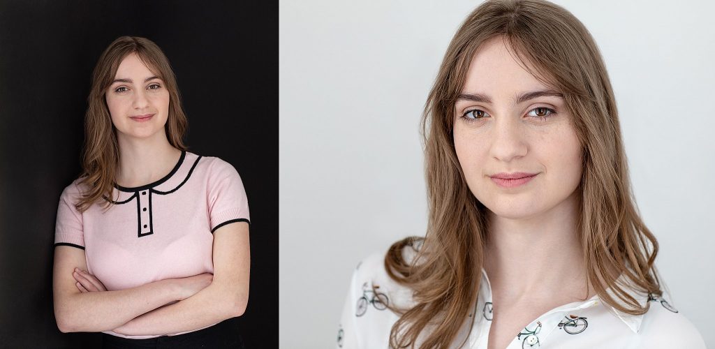 Acting headshots - Louisa in pink shirt with dark background and Louisa in bicycle print shirt with light background