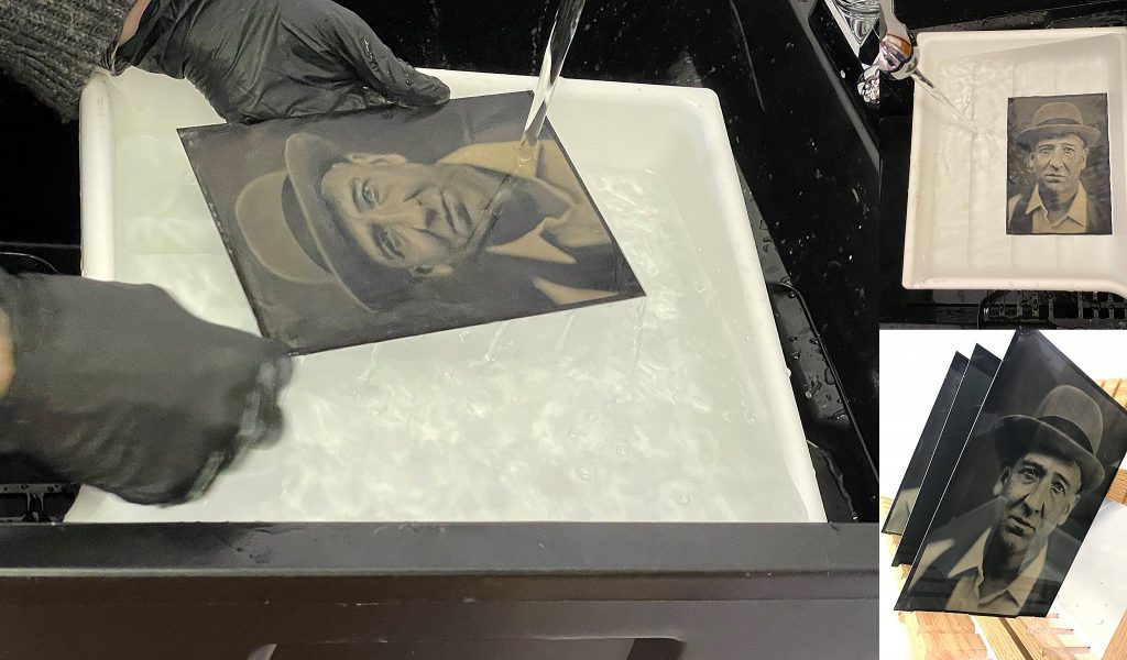 Behind the scenes - two of the last stages in hand-making a tintype portrait: rinsing and drying