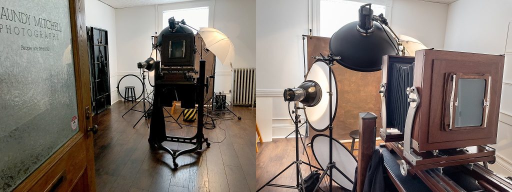 The antique Deardorff camera and the lighting setup