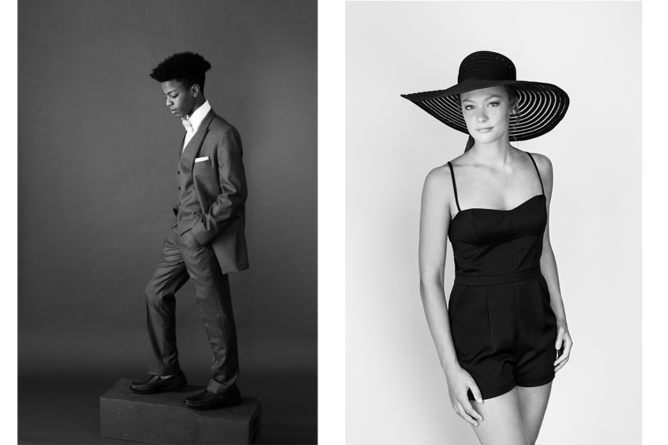 Senior photos - teen boy in suit - teen girl in vintage outfit with hat