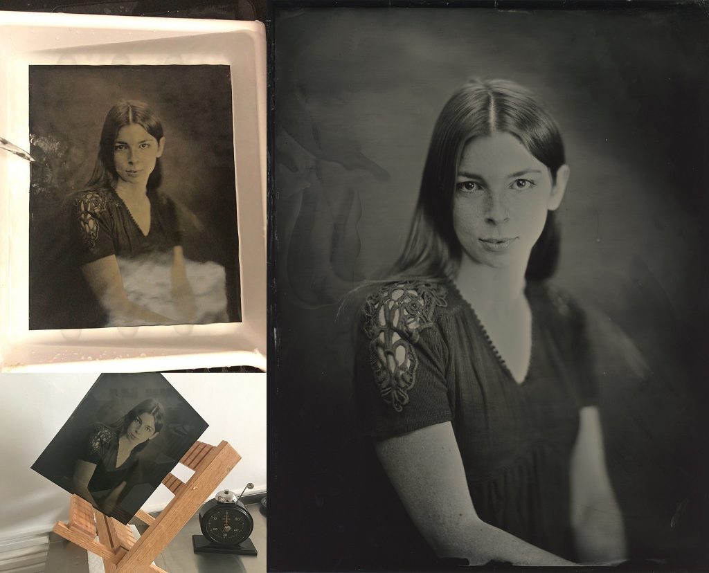 More steps in the tintype process:  rinsing and drying; a scan of the final image