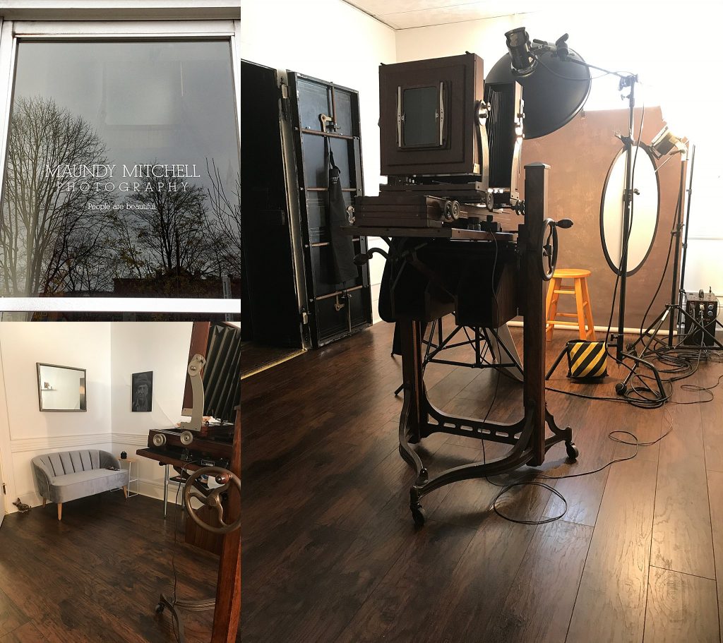 The studio front door on Main Street in Plymouth, NH, and the tintype room