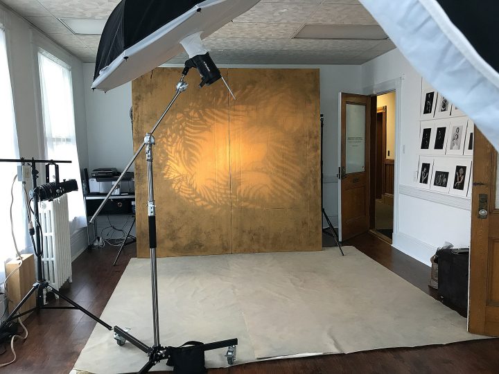 The set with hand-painted gold metallic backdrop and a three-light setup