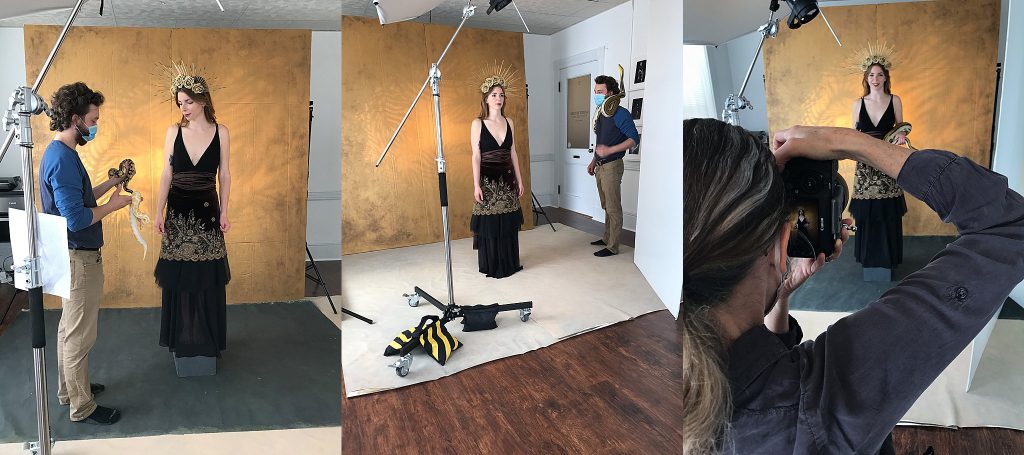 A collage of behind the scenes photos from during the Snake Goddess photo session