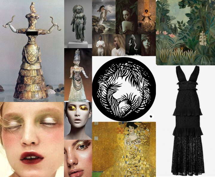 Collage from my Pinterest Mood Board for the Snake Goddess photo shoot.  It includes the Minoan Snake Goddess, Rousseau and Klimt paintings, gold makeup, a tiered rental dress, and a jungle leaf gobo.