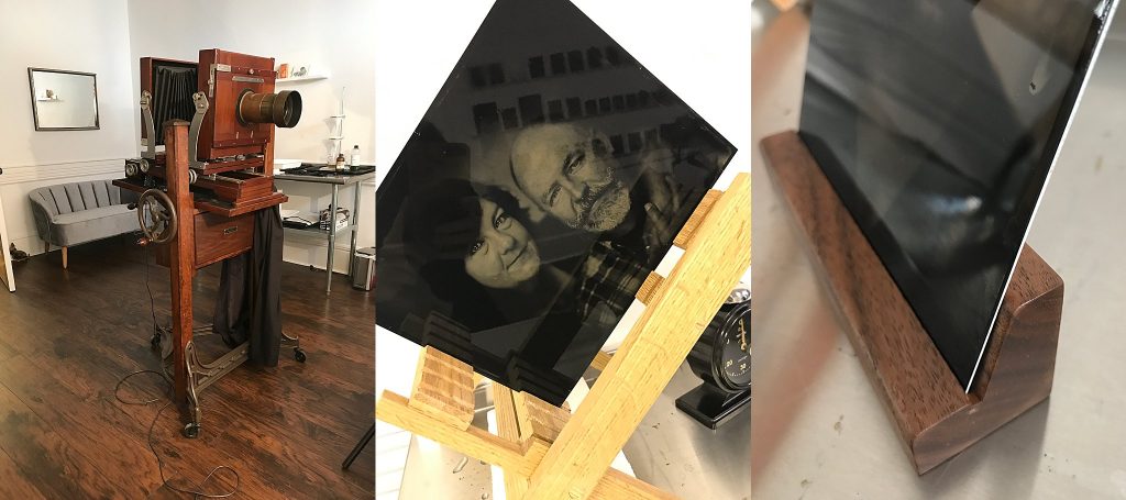 Collage of behind-the-scenes images from the tintype studio: the antique Deardorff camera, a portrait of a couple in the drying rack, and one of the new black walnut pedestals