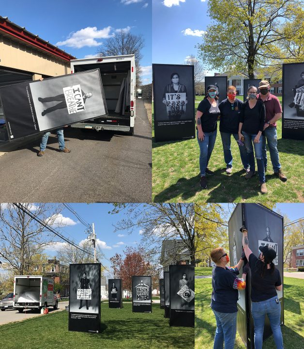 a collage of cell phone photos installation of Protest Portraits exhibit at Lawrence Academy in April 2021