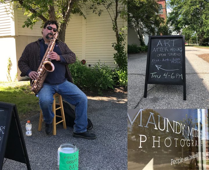 Saxophone player Mark Flynn plays on the sidewalk during Art After Hours at Maundy Mitchell Photography in Plymouth, NH