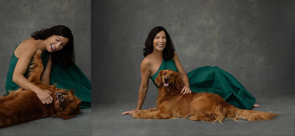 Portraits of Shana wearing green Halston gown with her Irish Setter