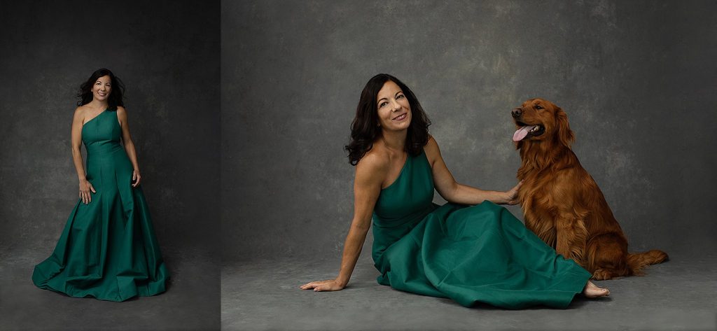 Portraits of Shana in green Halston gown with dog