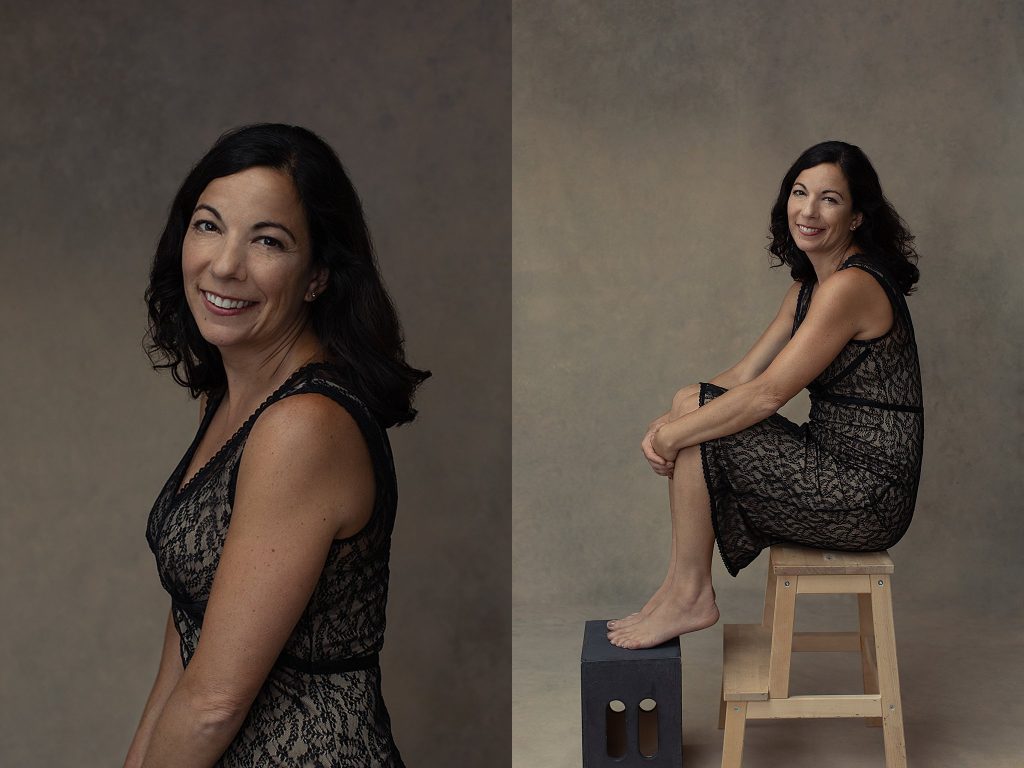 Portraits of Shana wearing a lace dress