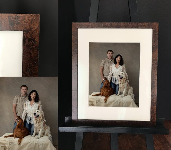 A collage of images: closeup of a custom frame with burled wood, and a couple's portrait with their two dogs