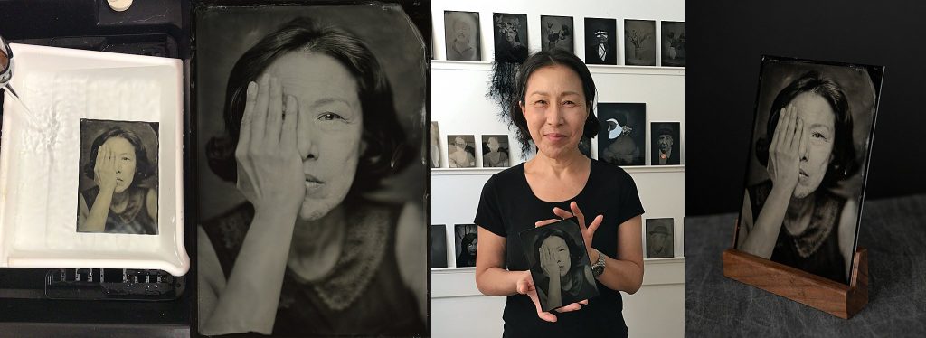 A collage of images from Hwa's tintype portrait experience at Maundy Mitchell Photography in Plymouth, NH:  tintype in the final rinse; cell pic of Hwa holding her tintype portrait; the final digital scan; the original tintype in a handmade black walnut pedestal.