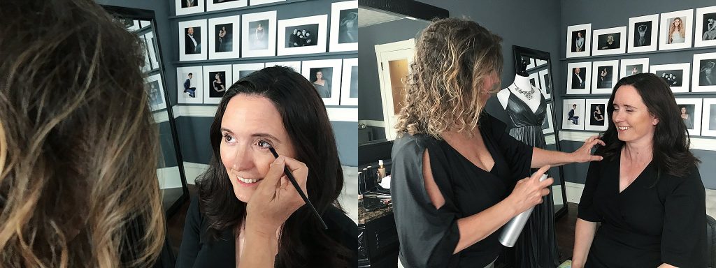 Behind the scenes at the beginning of Danielle's portrait experience: professional hair and makeup styling