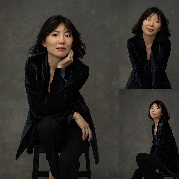 Photo collage of pianist Zi Liang wearing a velvet jacket