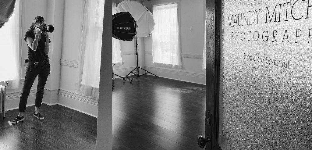 Two black and white photos : Maundy Mitchell giving a photo demonstration, and the door and inside of Maundy Mitchell Photography studio