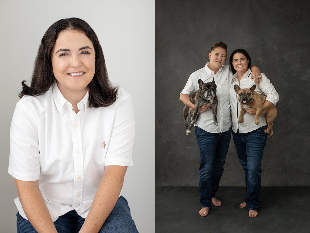 Photos of a married couple with their dogs