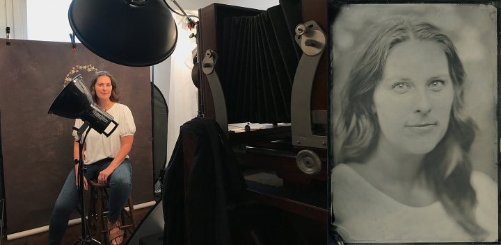 Behind the scenes during a tintype portrait session and a resulting portrait