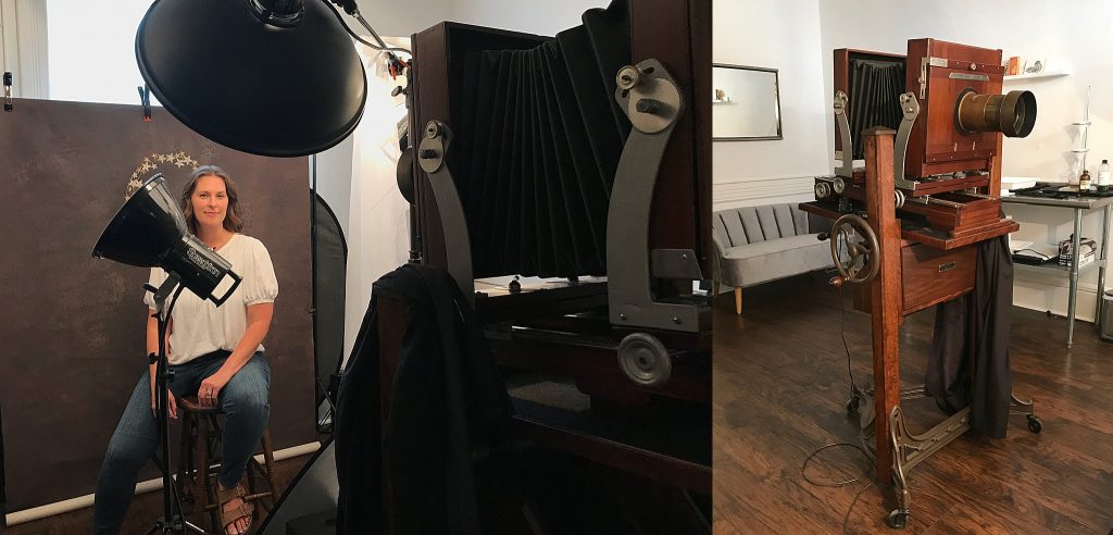 Behind the scenes during Brittany's tintype session: Brittany and the antique Deardorff camera with Dallmeyer lens
