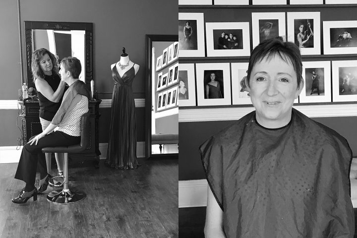 Behind the scenes at the start of a headshot session at Maundy Mitchell Photography in Plymouth, NH:  professional hair and makeup styling for Tracey