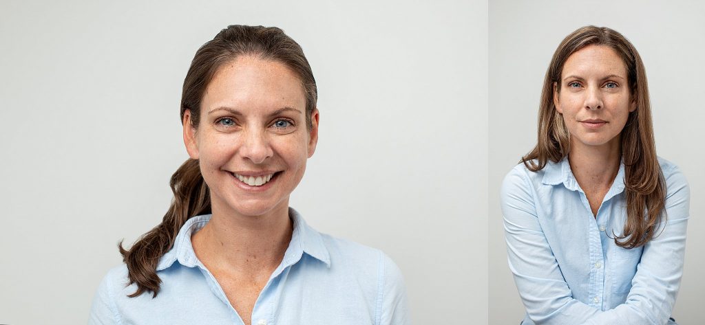 Two headshots on a light background, one smiling, and one serious