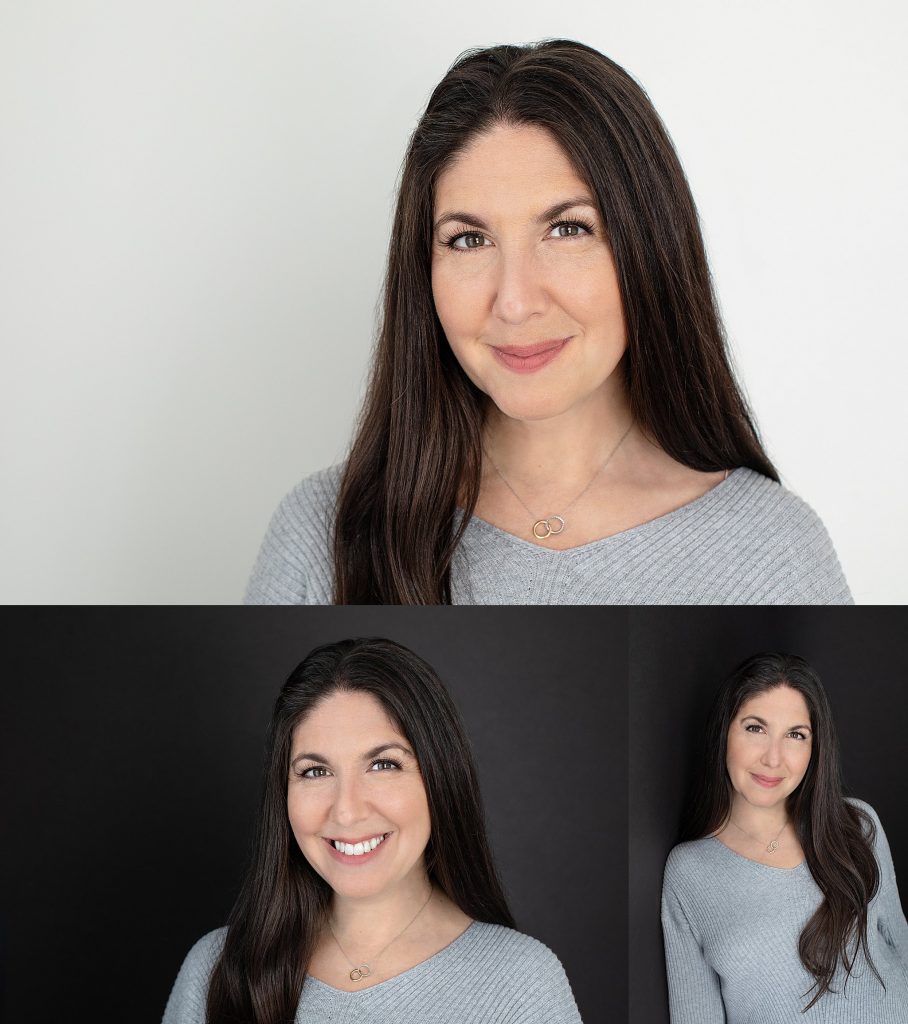 Studio headshots of a woman with long hair on a white background and a black background