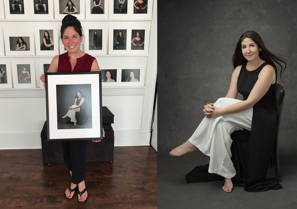 A photo of Sabreena at her print reveal session, holding a custom framed portrait of herself, and the matching digital image of the portrait